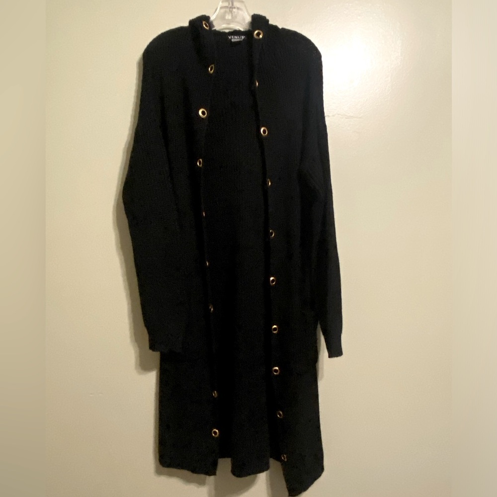Long hooded navy cardigan.
